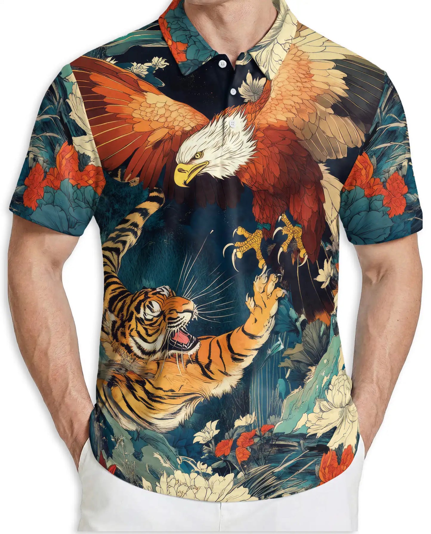 Eagle Tiger 3D Polo Shirt for Men, Fierce Wildlife Predator Style | Azhawaiian