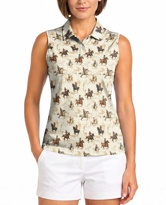 Brown Horse Rodeo Sleeveless Polo Shirt for Women | Azhawaiian