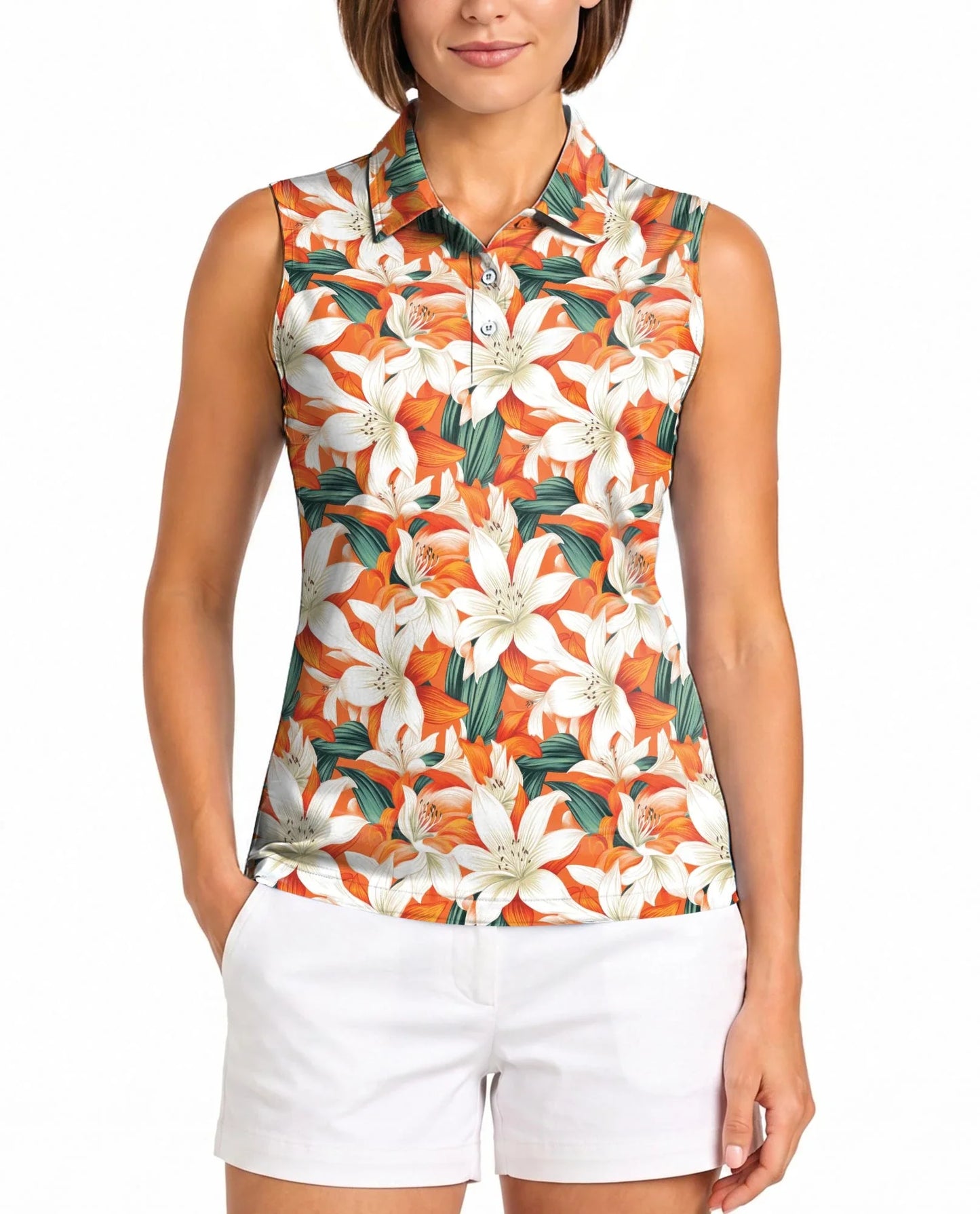 Orange Lily Print Sleeveless Polo Shirt for Women, Elegant Floral Style