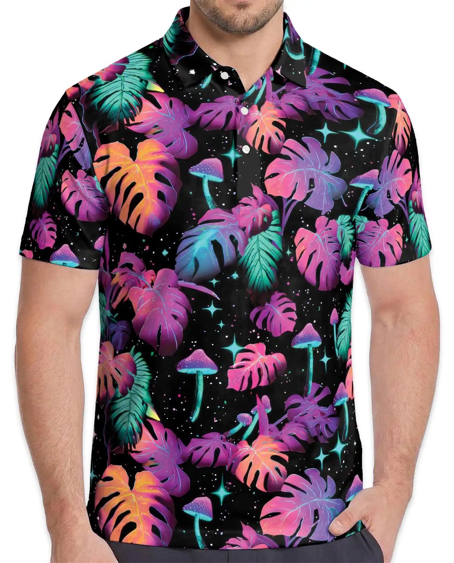 Neon Tropical Leaves Polo Shirt - Psychedelic Mushroom Style | Azhawaiian