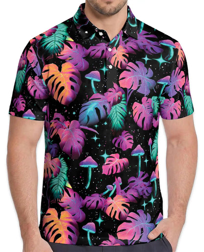Neon Tropical Leaves Polo Shirt - Psychedelic Mushroom Style | Azhawaiian