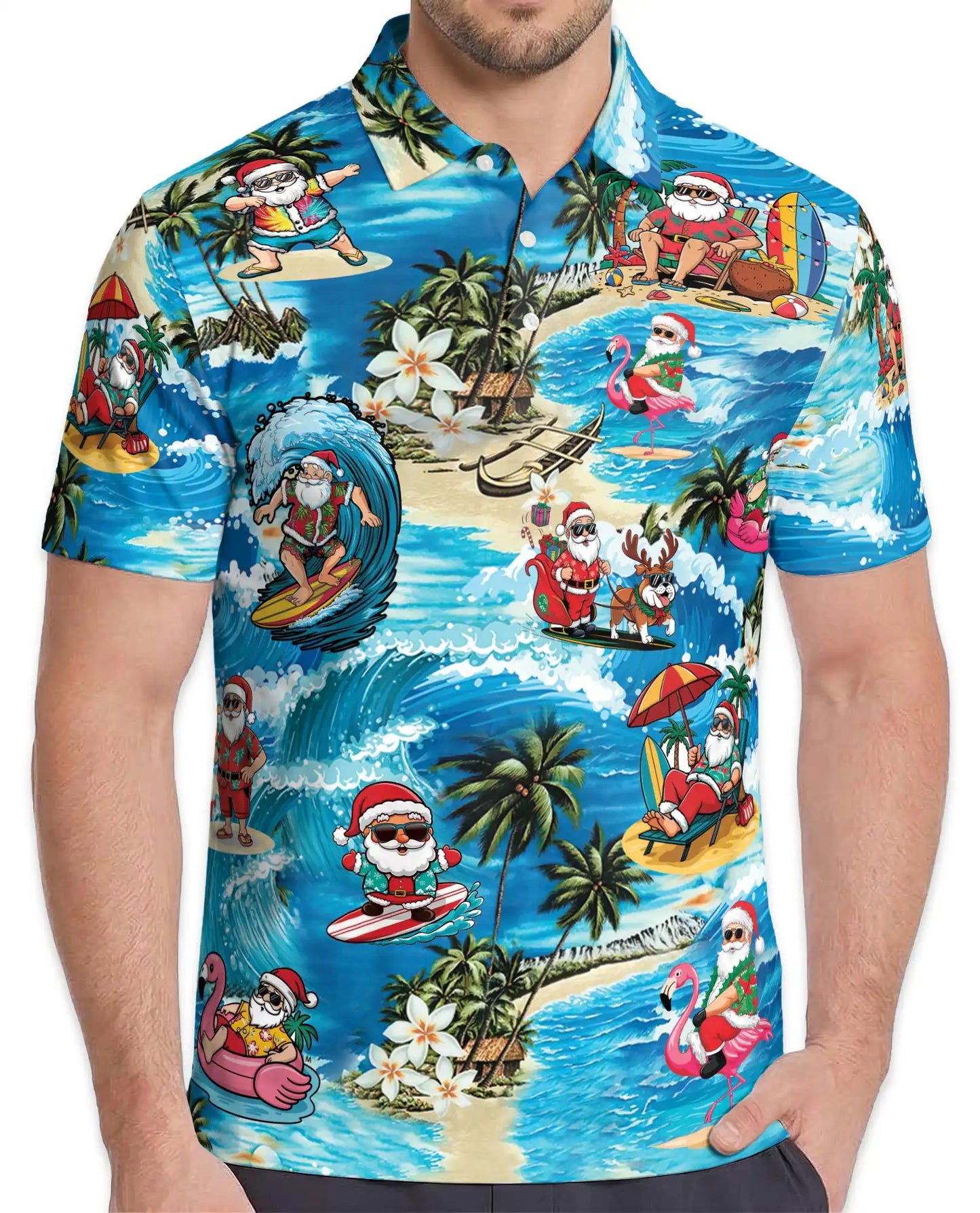 Surfing Santa 3D Polo Shirt for Men, Tropical Christmas Beach Style | Azhawaiian