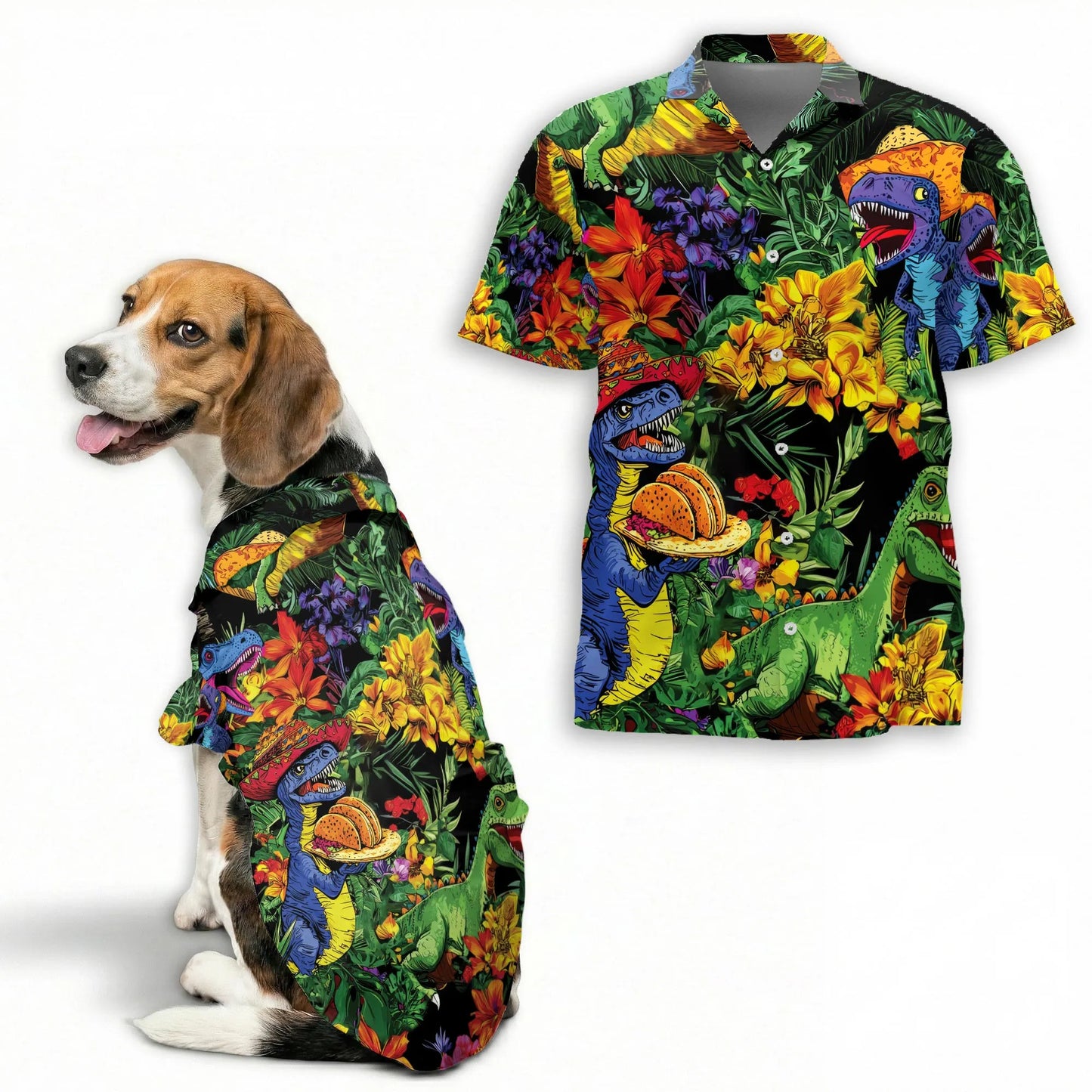 Fun Taco Dinosaur T Rex Flower Print Matching Dog Owner Hawaiian Shirts, Funny Pet Aloha Shirt for Beach Vacation - Azhawaiian