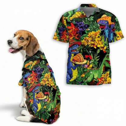 Fun Taco Dinosaur T Rex Flower Print Matching Dog Owner Hawaiian Shirts, Funny Pet Aloha Shirt for Beach Vacation - Azhawaiian