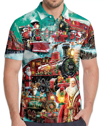 Santa Claus Express Polo Shirt for Men, Christmas Holiday Train | Azhawaiian