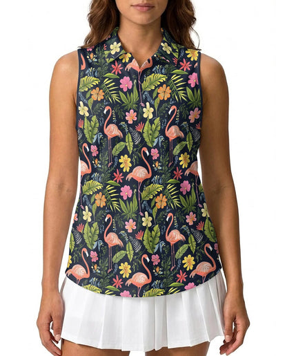 Flamingo Hibiscus Tropical Sleeveless Polo Shirt for Women | Azhawaiian