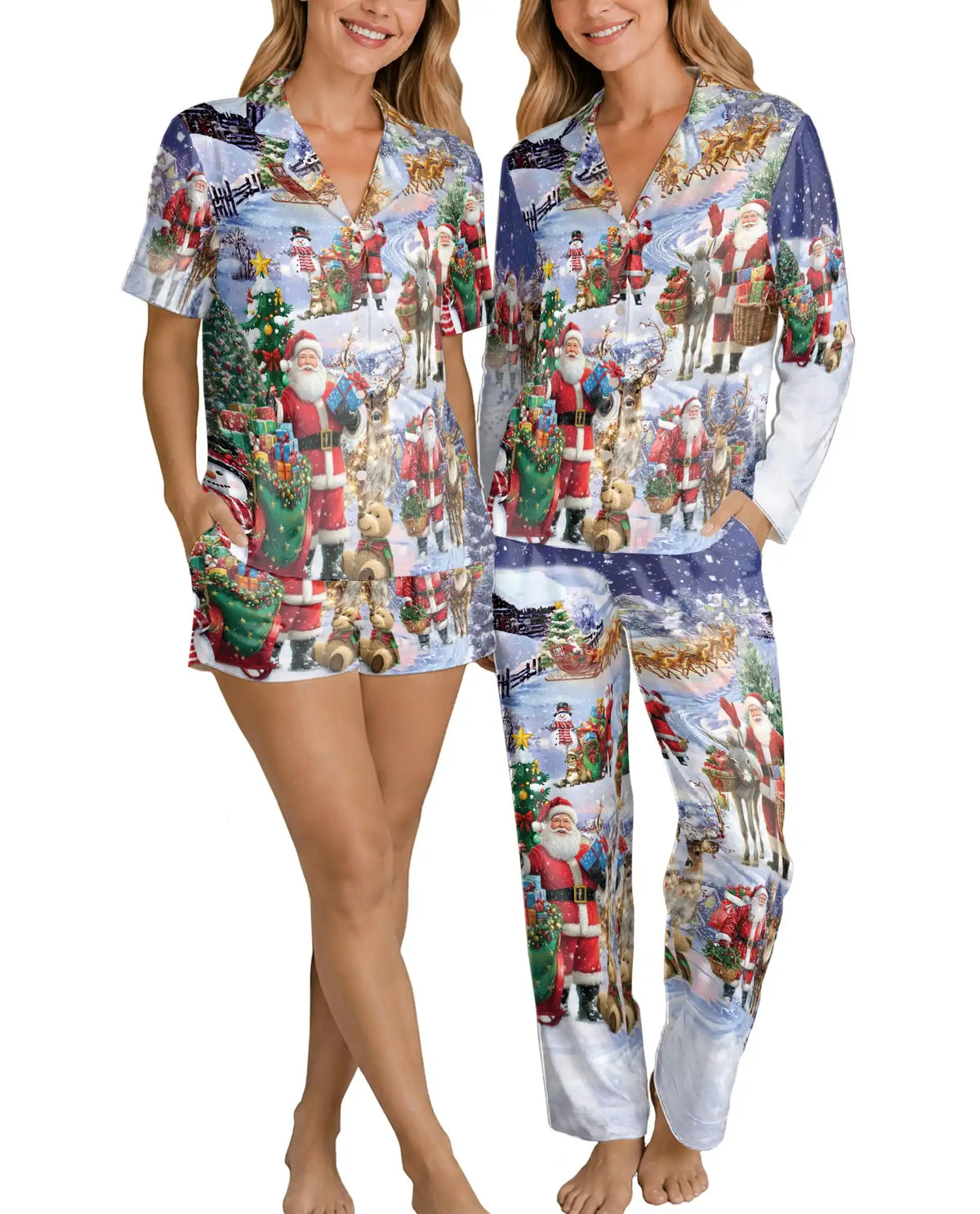 Santa and Reindeer Christmas Pajama Set for Women – Snowy Holiday Print