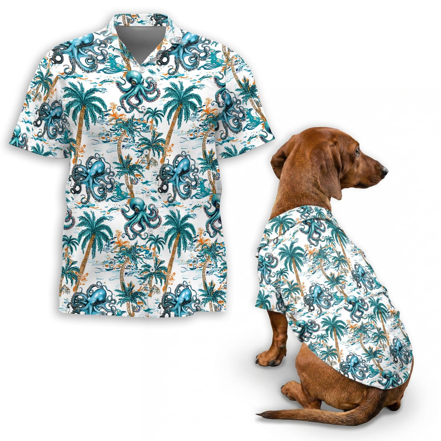 Octopus Matching Dog Owner Hawaiian Shirts, Funny Pet Aloha Shirt for Beach Vacation - Azhawaiian