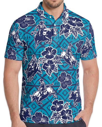 Western Rodeo Hibiscus Polo Shirt for Men- Cowboy Bull Riding | Azhawaiian