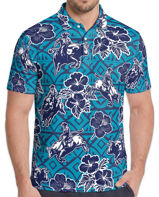 Western Rodeo Hibiscus Polo Shirt for Men- Cowboy Bull Riding | Azhawaiian