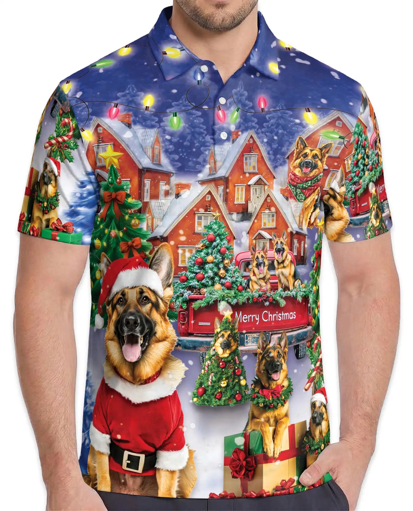 German Shepherd Christmas 3D Polo Shirt for Men, Festive Dog Lover Holiday Style | Azhawaiian