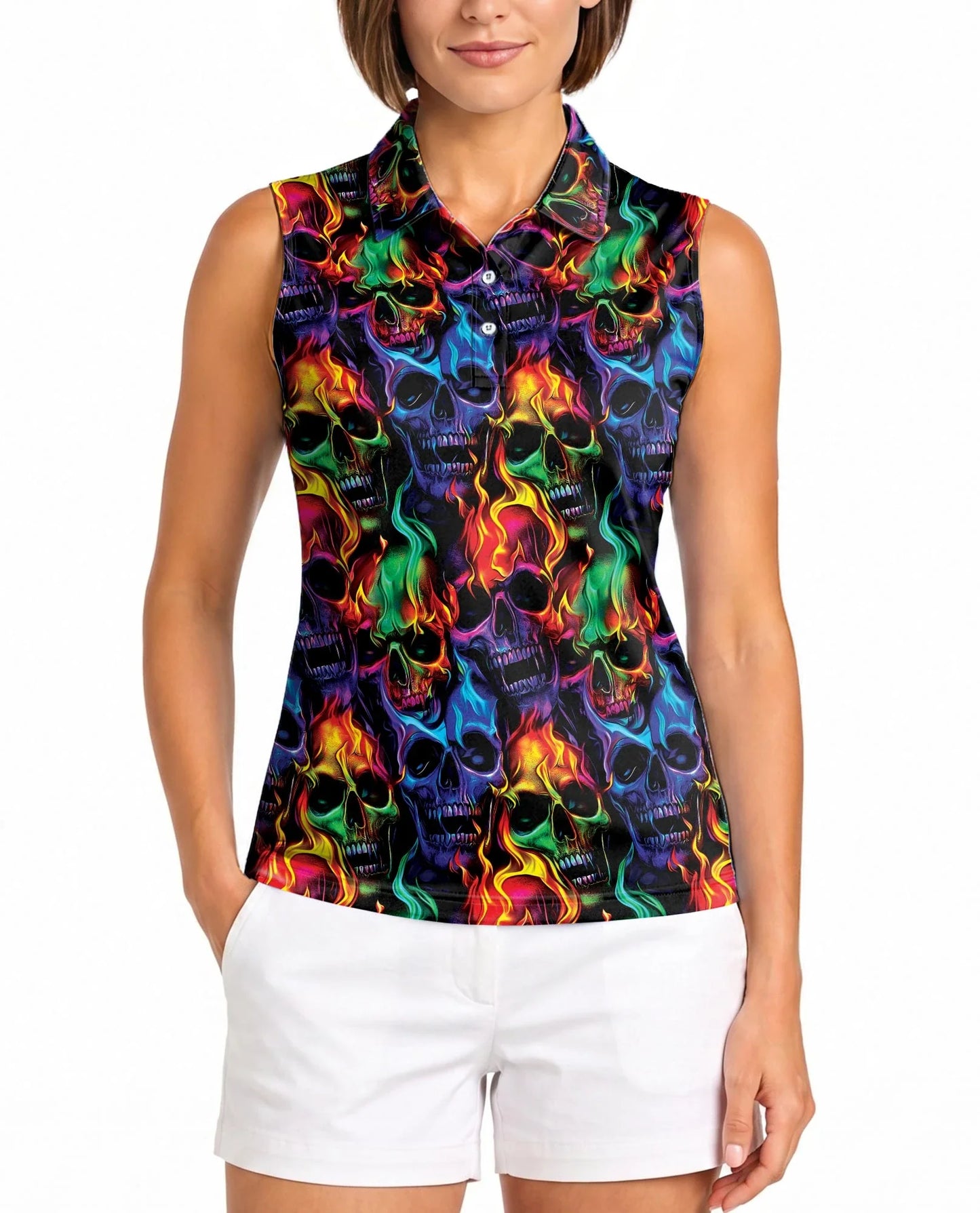 Flame Skull Sleeveless Polo Shirt for Women | Azhawaiian