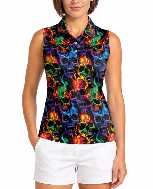 Flame Skull Sleeveless Polo Shirt for Women | Azhawaiian