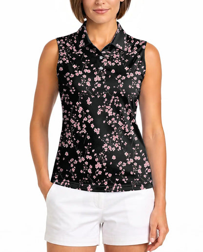 Sakura Floral Graphic Sleeveless Polo Shirt for Women | Azhawaiian