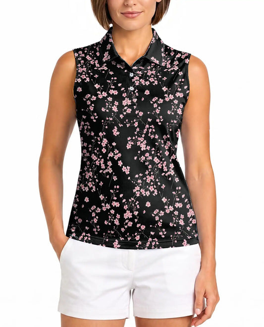 Sakura Floral Graphic Sleeveless Polo Shirt for Women | Azhawaiian