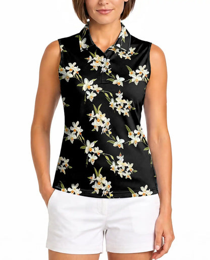 White Orchid Print Sleeveless Polo Shirt for Women, Elegant Floral Style | Azhawaiian