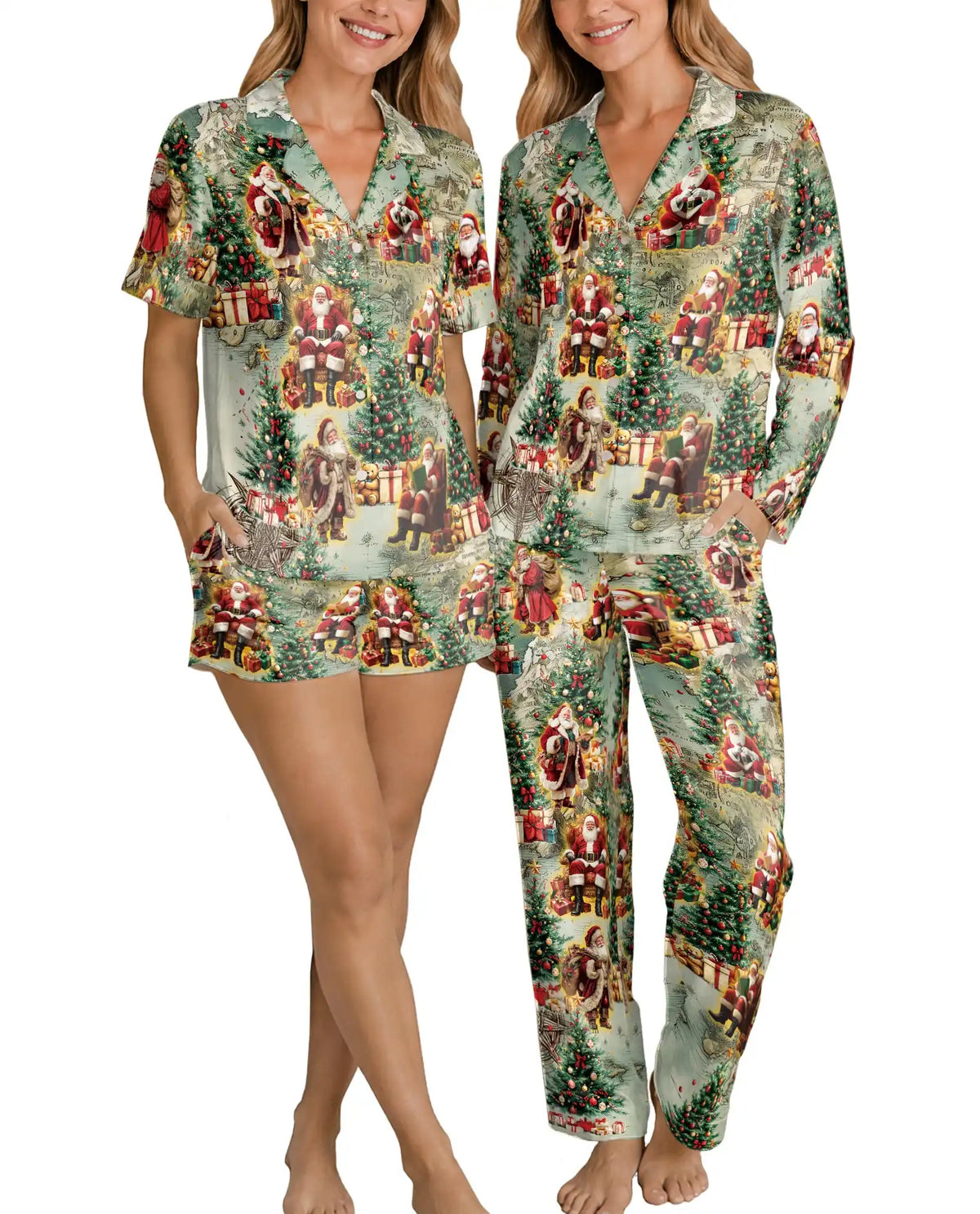 Christmas Santa Pajama Set for Women, Vintage Holiday Sleepwear with Christmas Tree Design