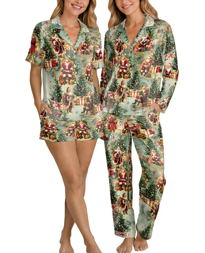 Christmas Santa Pajama Set for Women, Vintage Holiday Sleepwear with Christmas Tree Design