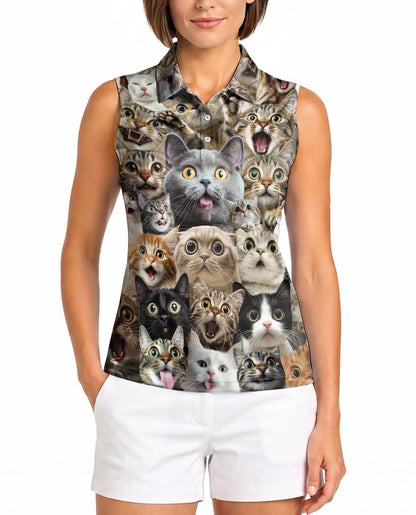 Cat Collage Sleeveless Polo Shirt for Women, Cute Feline Lover Style | Azhawaiian