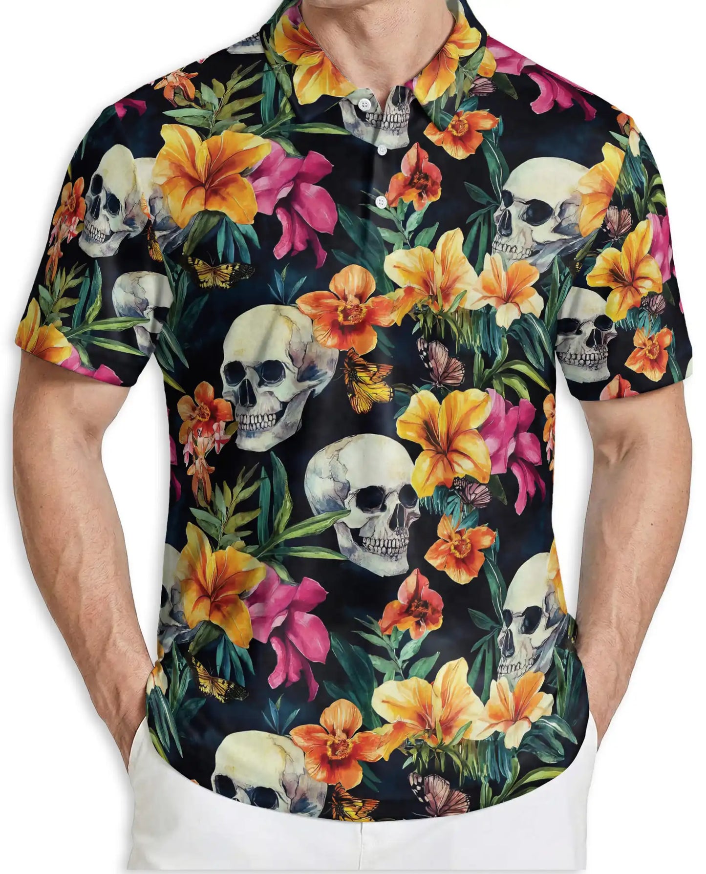 Tropical Skull Floral Polo Shirt -Gothic Botanical Print | Azhawaiian