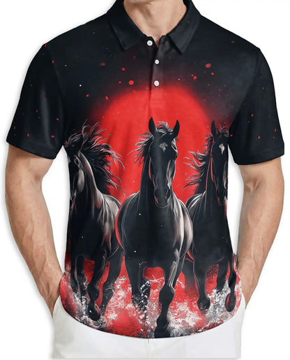 Black Running Horses Polo Shirt - Wild Stallion Midnight Style | Azhawaiian