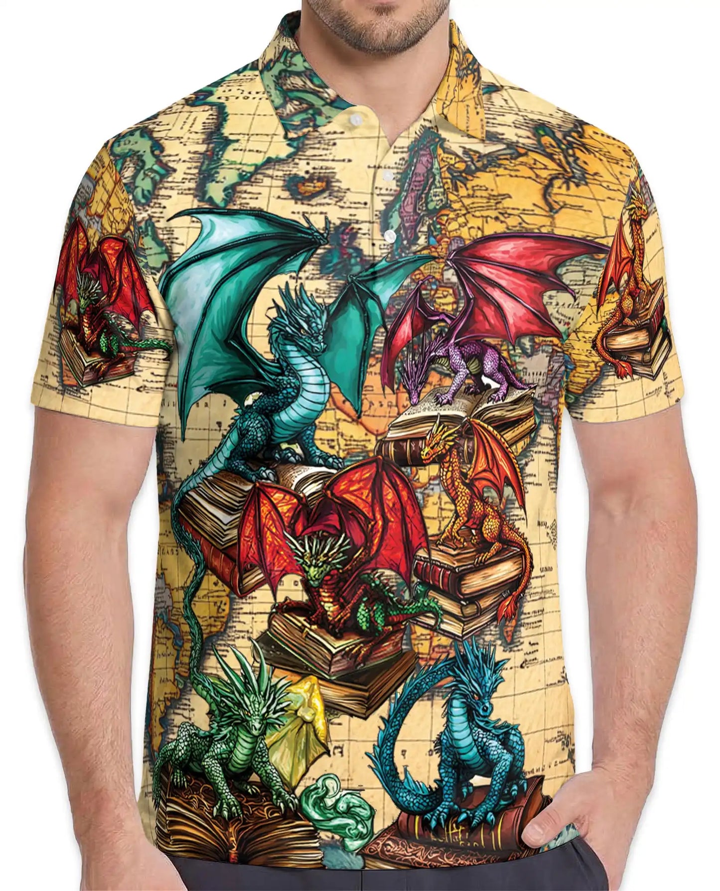 Dragon Library Polo Shirt - Fantasy Book Lover Style | Azhawaiian