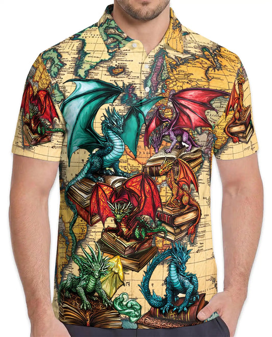 Dragon Library Polo Shirt - Fantasy Book Lover Style | Azhawaiian