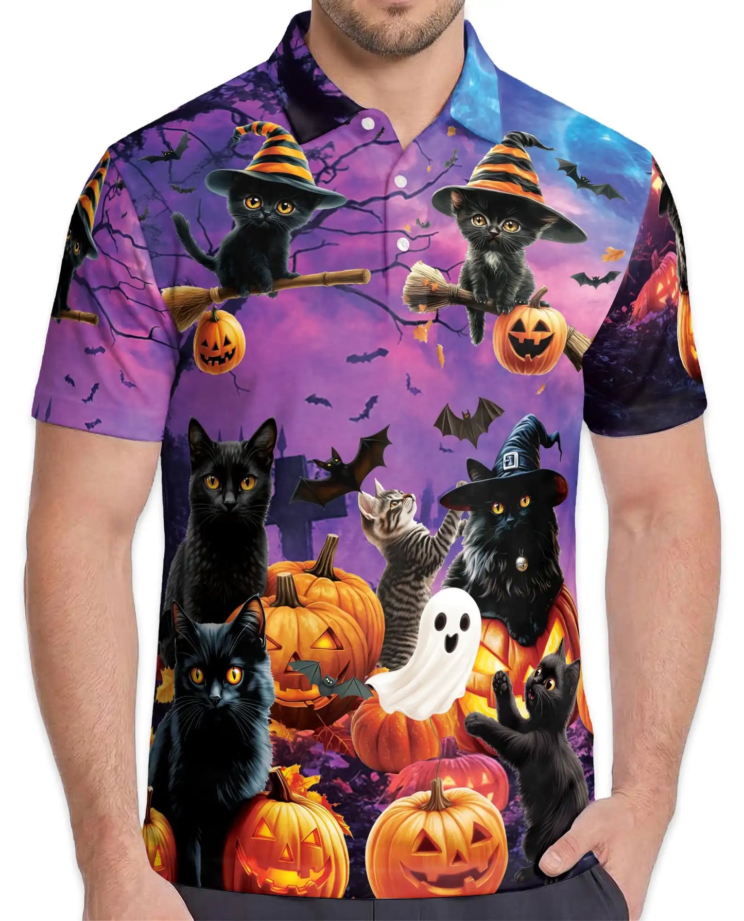 Halloween Black Cat Polo Shirt for Men, Spooky Cat Print | Azhawaiian