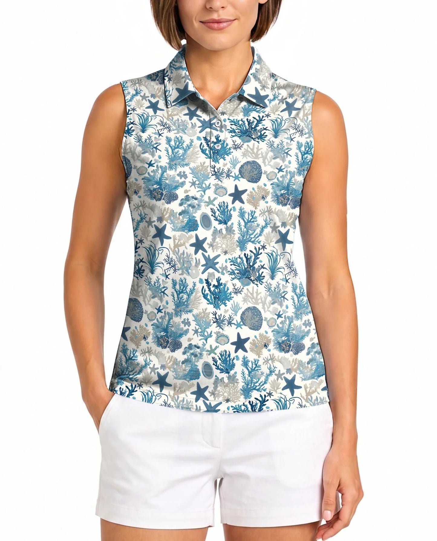 Sea Life Pattern Sleeveless Polo Shirt for Women | Azhawaiian