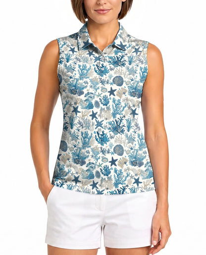 Sea Life Pattern Sleeveless Polo Shirt for Women | Azhawaiian