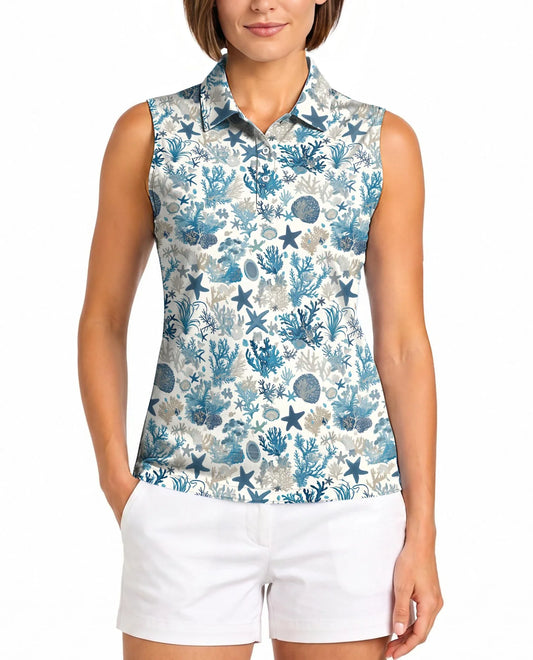Sea Life Pattern Sleeveless Polo Shirt for Women | Azhawaiian