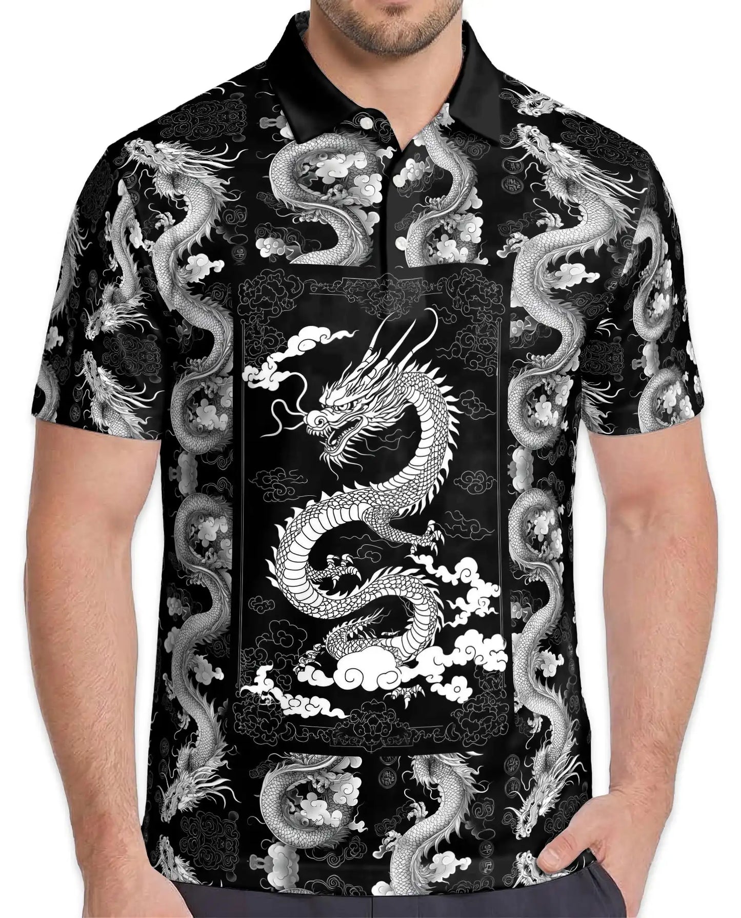 Black White Asian Dragon Polo Shirt for Men - Oriental Dragon Art | Azhawaiian
