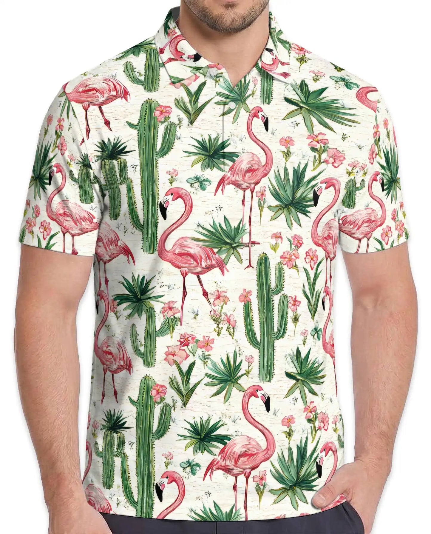 Pink Flamingo Cactus Polo Shirt - Tropical Desert Garden Style | Azhawaiian