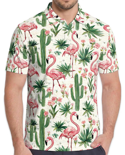 Pink Flamingo Cactus Polo Shirt - Tropical Desert Garden Style | Azhawaiian