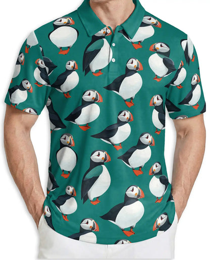 Cute Puffin Bird 3D Polo Shirt for Men, Coastal Seabird Tropical Style | Azhawaiian