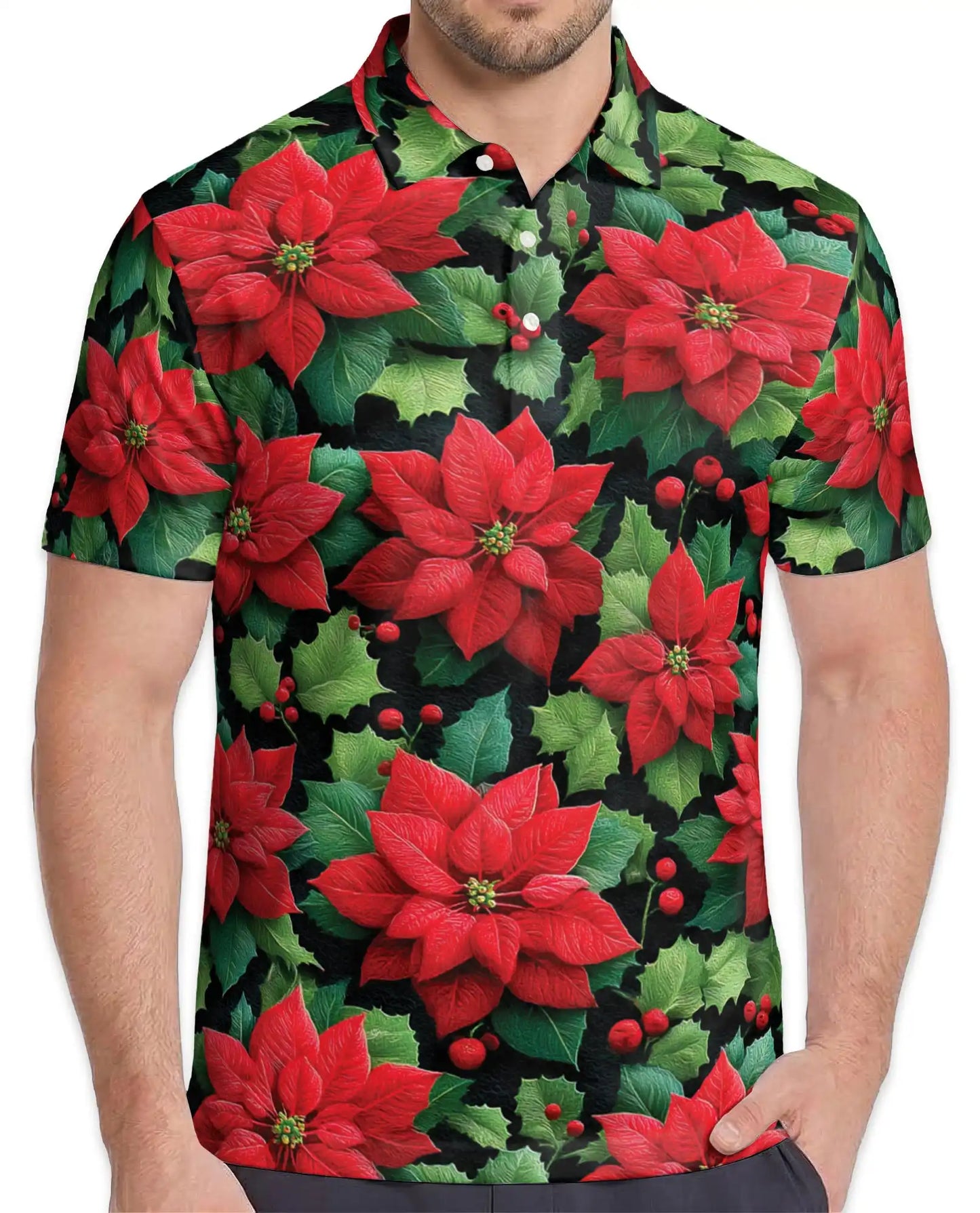 Poinsettia Christmas Polo Shirt - Holiday Floral Winter Botanical Design | Azhawaiian
