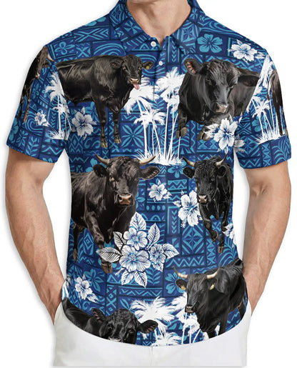 Black Cow Tropical Polo Shirt, Island Floral Print | Azhawaiian