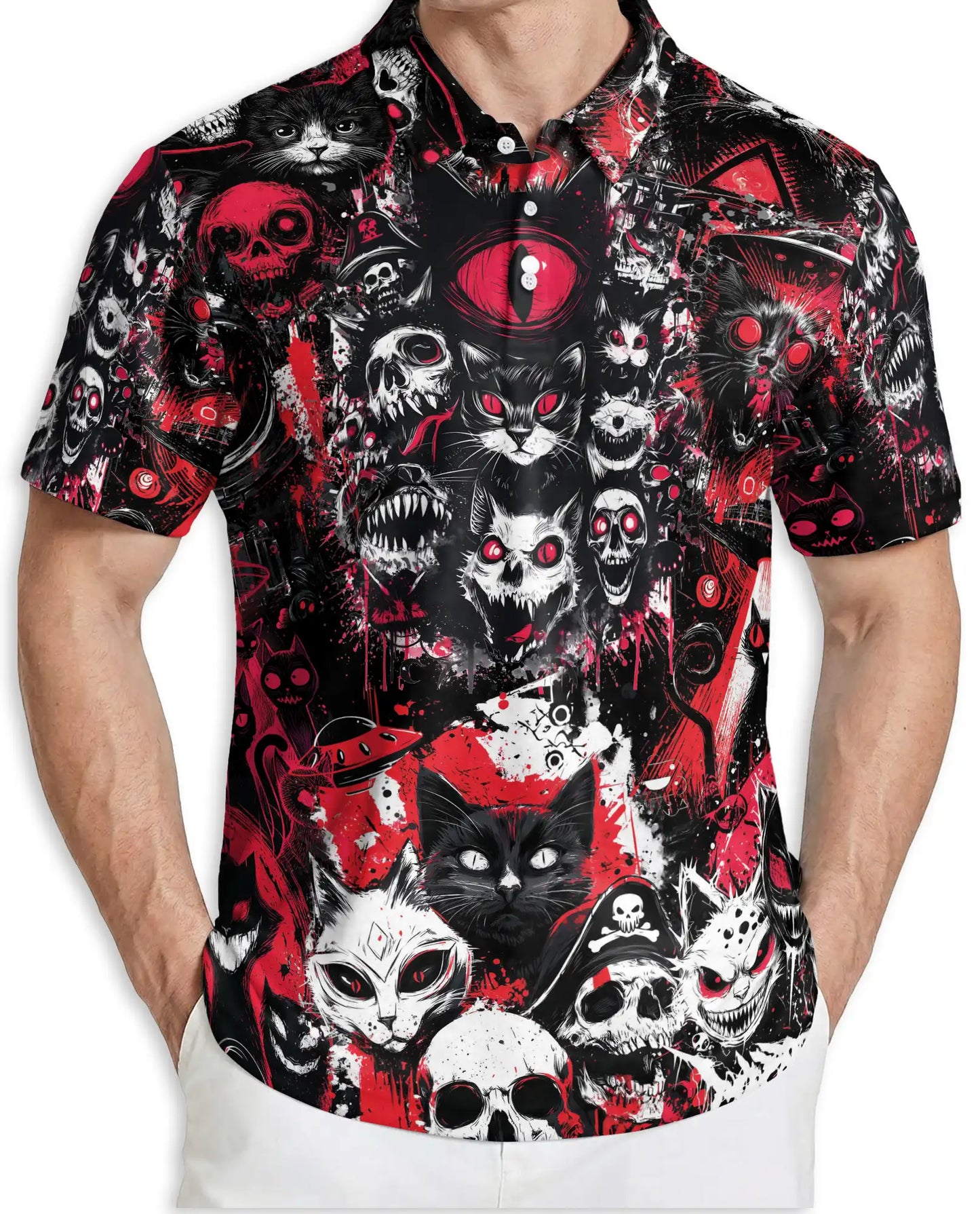 Gothic Cat Skull Polo Shirt for Men, Dark Horror Design | Azhawaiian