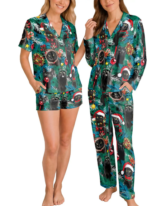 Black Cat Christmas Pajama Set for Women – Santa Hats & Festive Kittens Print