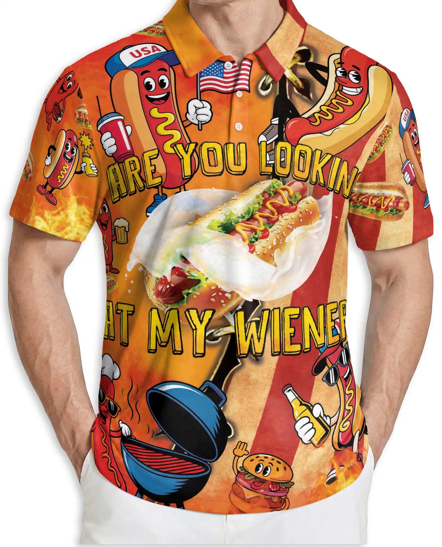 Funny Hot Dog Polo Shirt - Patriotic BBQ Party Style | Azhawaiian