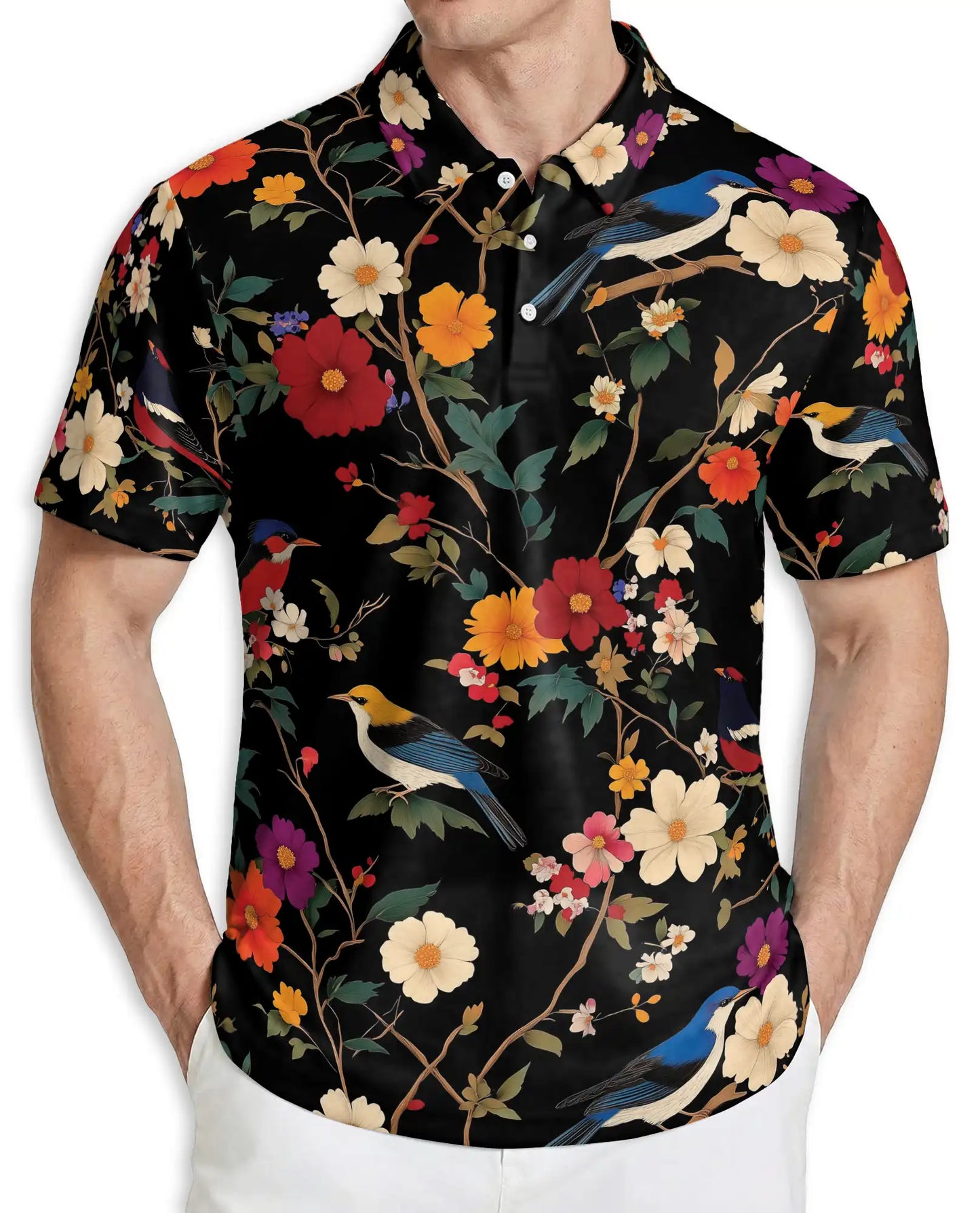 Bird Floral Polo Shirt, Vintage Nature Style | Azhawaiian