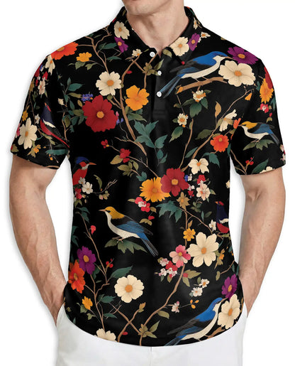 Bird Floral Polo Shirt, Vintage Nature Style | Azhawaiian