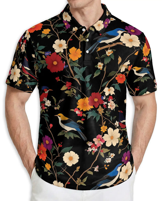 Bird Floral Polo Shirt, Vintage Nature Style