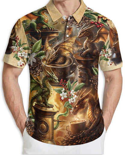 Dragon Coffee 3D Polo Shirt for Men, Fantasy Espresso Art Style | Azhawaiian