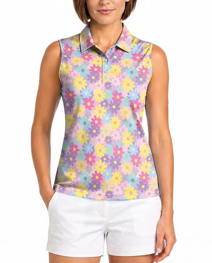 Groovy Flower Pattern Sleeveless Polo Shirt for Women | Azhawaiian