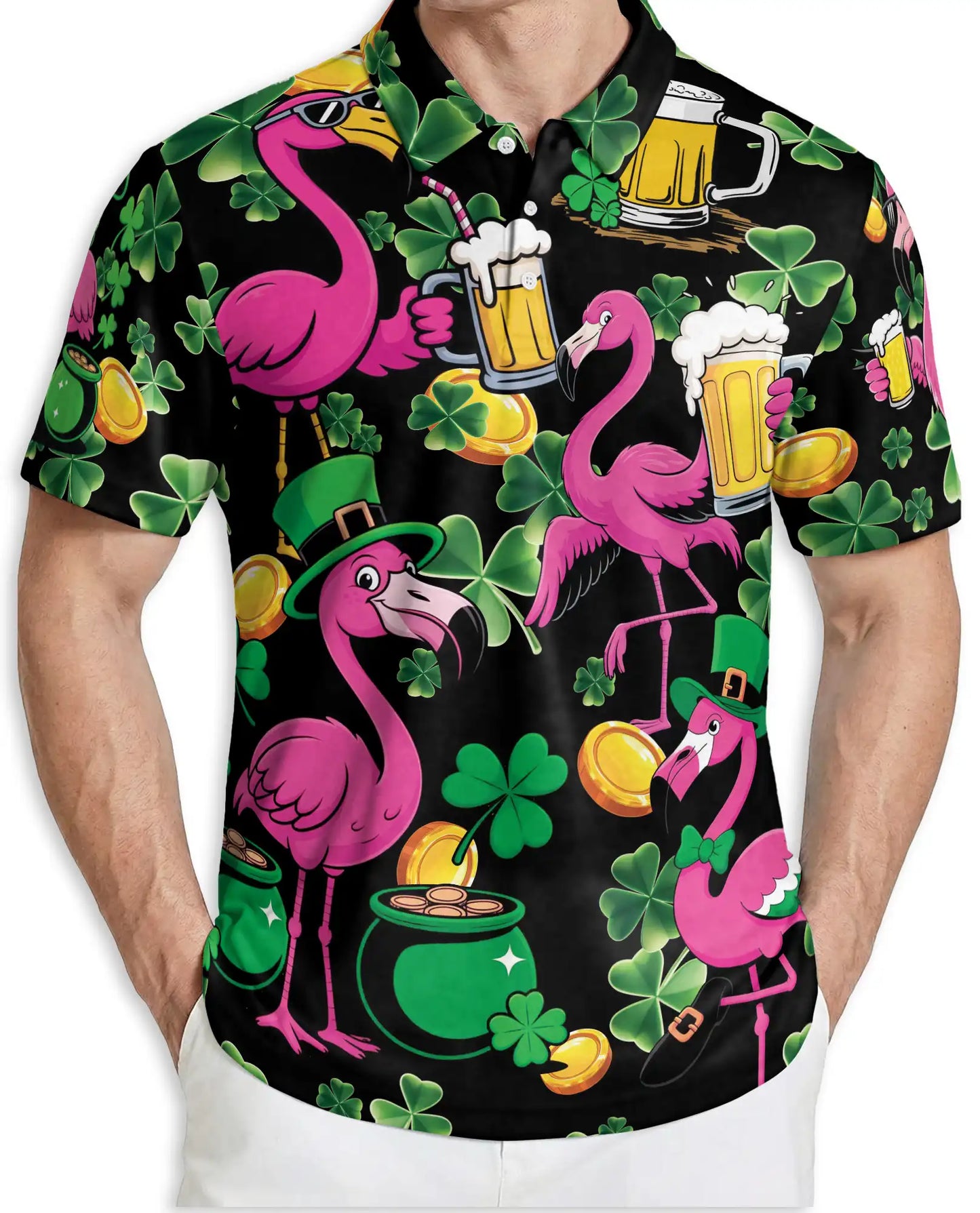 Funny Flamingo St Patrick 3D Polo Shirt for Men, Irish Beer Party Style | Azhawaiian