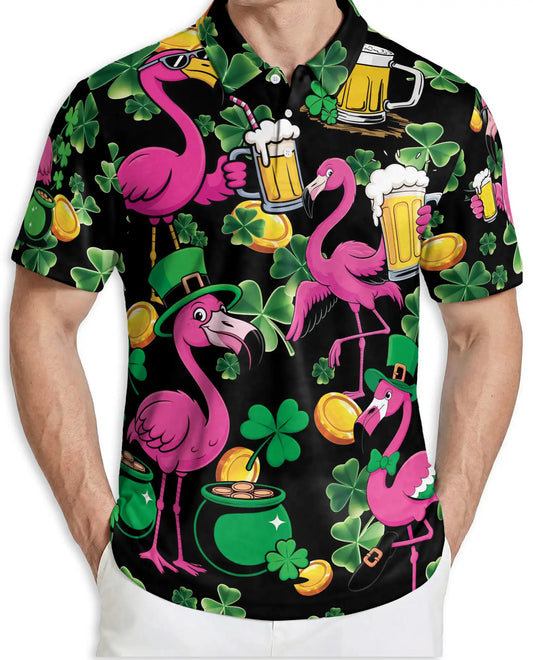 Funny Flamingo St Patrick 3D Polo Shirt for Men, Irish Beer Party Style | Azhawaiian