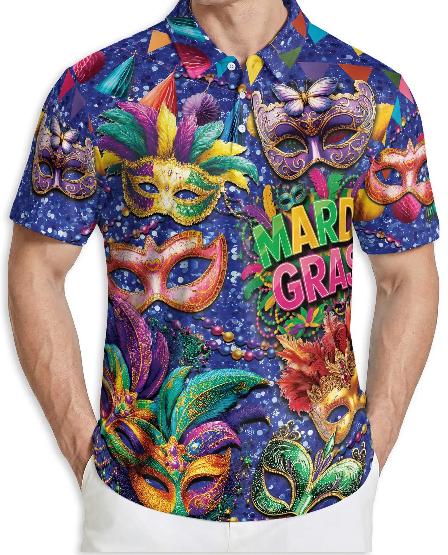 Mardi Gras Carnival Mask Polo Shirt for Men-Colorful Festival Feather Mask | Azhawaiian