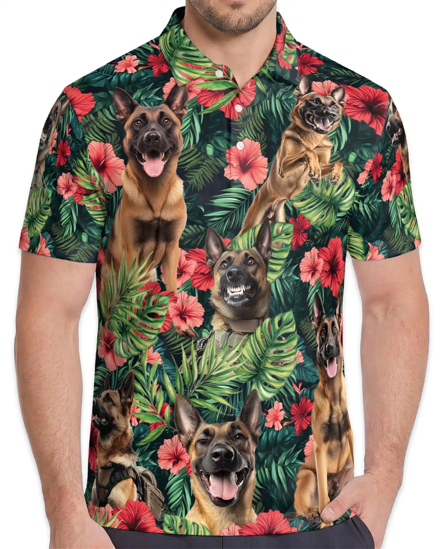 Belgian Malinois Tropical Polo Shirt - Hawaiian Dog Lover Floral Design | Azhawaiian