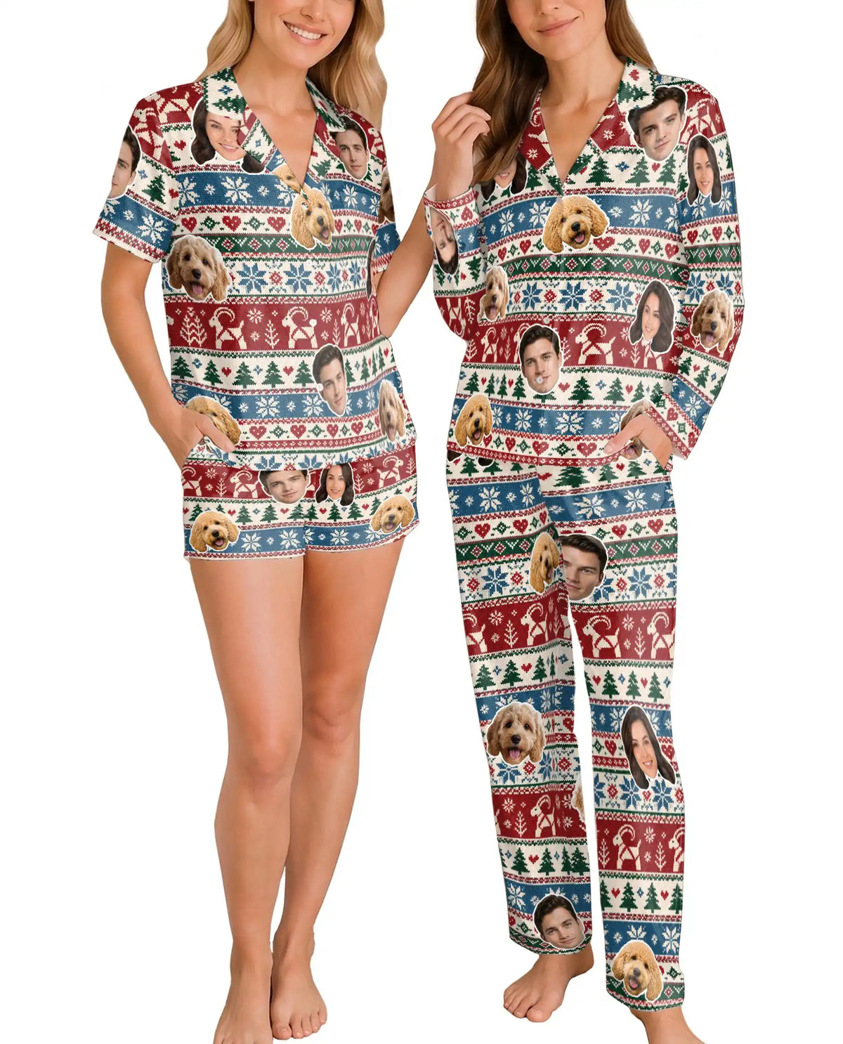 Personalized Christmas Reindeer Pajamas for Women – Custom Face & Pet Photo Fair Isle Print